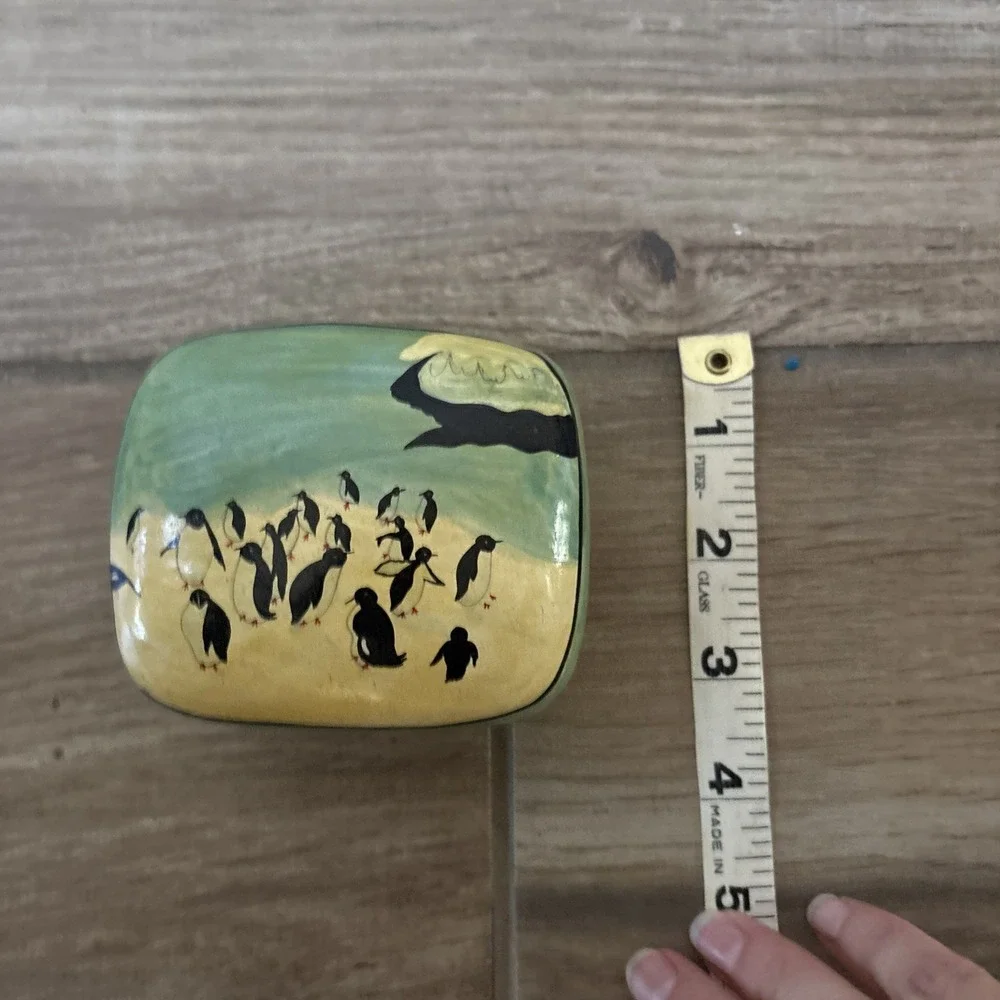 Vintage Paper Mache Trinket Box Blue White Penguins